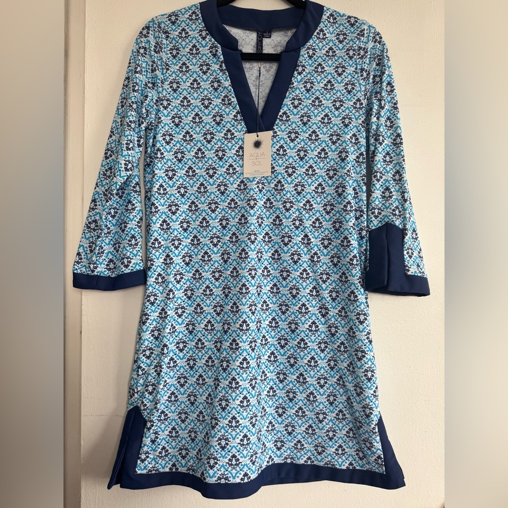 Aqua Blue Geometric Long Sleeve Dress